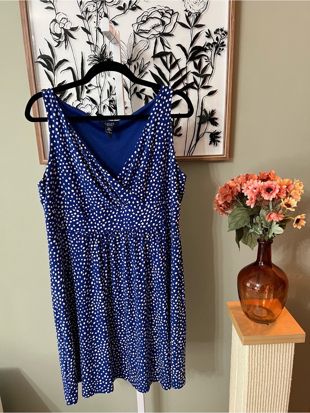 Chaps Blue & White Polka Dot Sleeveless V-Neck Midi Length Dress Flawed Size PXL
